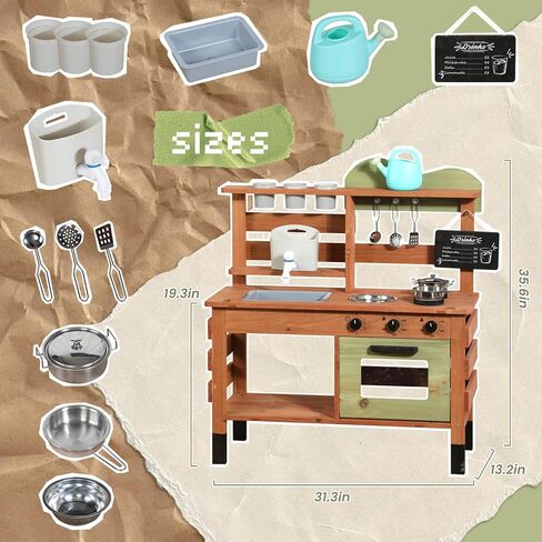 Outdoor Kitchen for Kids,Mud Kitchen Wooden Toy Playset with Wheels, Kettle, Sink, Wooden Plant Container and Kitchen Accessories, for Children Ages 3+ Years in Saudi Arabia