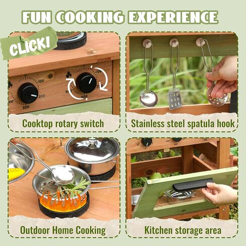 Outdoor Kitchen for Kids,Mud Kitchen Wooden Toy Playset with Wheels, Kettle, Sink, Wooden Plant Container and Kitchen Accessories, for Children Ages 3+ Years in Saudi Arabia