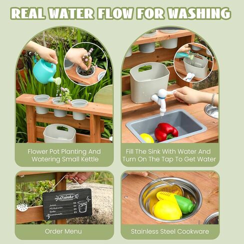 Outdoor Kitchen for Kids,Mud Kitchen Wooden Toy Playset with Wheels, Kettle, Sink, Wooden Plant Container and Kitchen Accessories, for Children Ages 3+ Years in Saudi Arabia