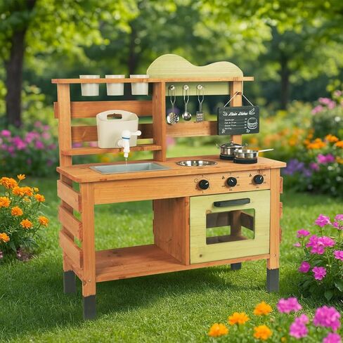 Outdoor Kitchen for Kids,Mud Kitchen Wooden Toy Playset with Wheels, Kettle, Sink, Wooden Plant Container and Kitchen Accessories, for Children Ages 3+ Years in Saudi Arabia