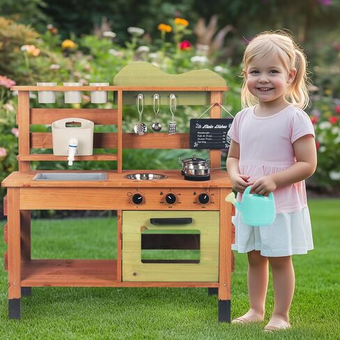 Outdoor Kitchen for Kids,Mud Kitchen Wooden Toy Playset with Wheels, Kettle, Sink, Wooden Plant Container and Kitchen Accessories, for Children Ages 3+ Years in Saudi Arabia
