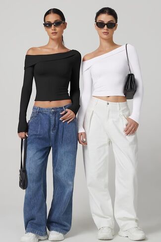 QINSEN Women Long Sleeve Off Shoulder Tops Trendy Double Lined Going Out Shirt for Fall in Saudi Arabia