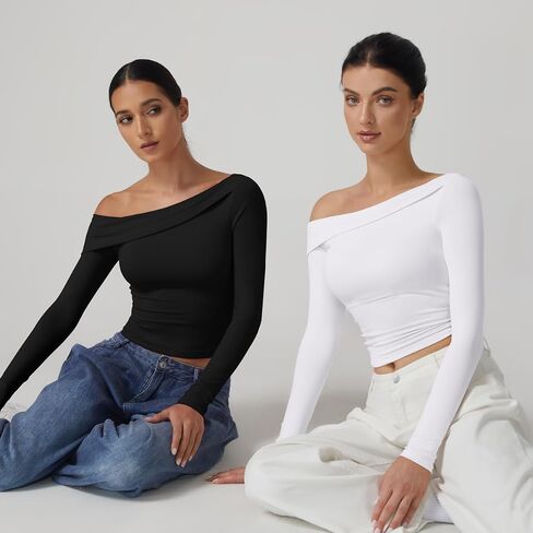 QINSEN Women Long Sleeve Off Shoulder Tops Trendy Double Lined Going Out Shirt for Fall in Saudi Arabia