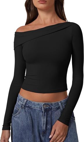 QINSEN Women Long Sleeve Off Shoulder Tops Trendy Double Lined Going Out Shirt for Fall in Saudi Arabia