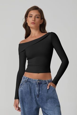QINSEN Women Long Sleeve Off Shoulder Tops Trendy Double Lined Going Out Shirt for Fall in Saudi Arabia