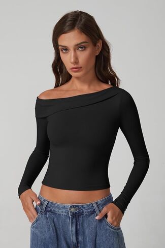 QINSEN Women Long Sleeve Off Shoulder Tops Trendy Double Lined Going Out Shirt for Fall in Saudi Arabia