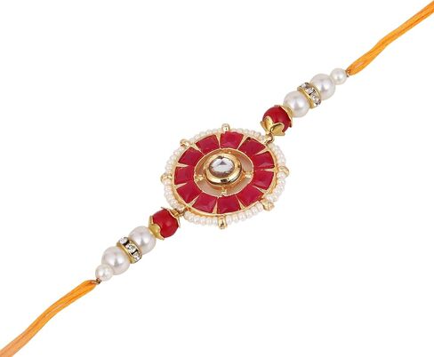 Latest 2025 Traditional Rakhi Bracelet For Brothers with Red Floral Design, Pearl Beads and Crystal Accent, Orange Thread in Saudi Arabia