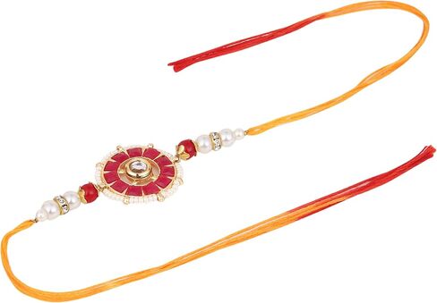 Latest 2025 Traditional Rakhi Bracelet For Brothers with Red Floral Design, Pearl Beads and Crystal Accent, Orange Thread in Saudi Arabia