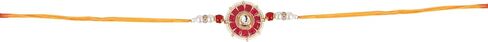 Latest 2025 Traditional Rakhi Bracelet For Brothers with Red Floral Design, Pearl Beads and Crystal Accent, Orange Thread in Saudi Arabia