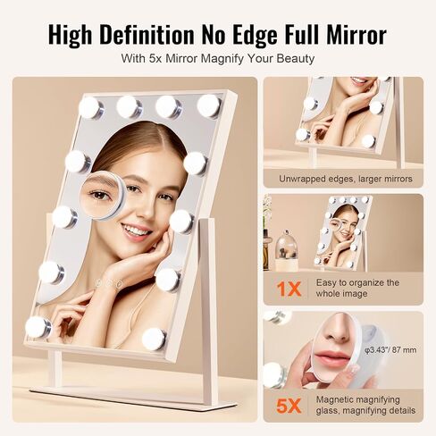 VEVOR Hollywood Vanity Mirror with Lights, 12 Dimmable Bulbs & 3 Color Lighting Modes, Makeup Mirror with Detachable 5X Magnification, Smart Touch Control, 360 Degree Rotation(16.1x11.8 in, White) in Saudi Arabia