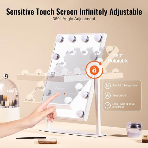 VEVOR Hollywood Vanity Mirror with Lights, 12 Dimmable Bulbs & 3 Color Lighting Modes, Makeup Mirror with Detachable 5X Magnification, Smart Touch Control, 360 Degree Rotation(16.1x11.8 in, White) in Saudi Arabia