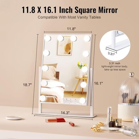 VEVOR Hollywood Vanity Mirror with Lights, 12 Dimmable Bulbs & 3 Color Lighting Modes, Makeup Mirror with Detachable 5X Magnification, Smart Touch Control, 360 Degree Rotation(16.1x11.8 in, White) in Saudi Arabia