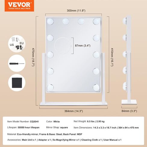VEVOR Hollywood Vanity Mirror with Lights, 12 Dimmable Bulbs & 3 Color Lighting Modes, Makeup Mirror with Detachable 5X Magnification, Smart Touch Control, 360 Degree Rotation(16.1x11.8 in, White) in Saudi Arabia