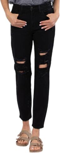 Judy Blue Women's High Waist Destroyed Boyfriend Jeans - Stretchy & Comfortable Black Denim 82161- in Saudi Arabia