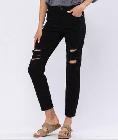 Judy Blue Women's High Waist Destroyed Boyfriend Jeans - Stretchy & Comfortable Black Denim 82161- in Saudi Arabia