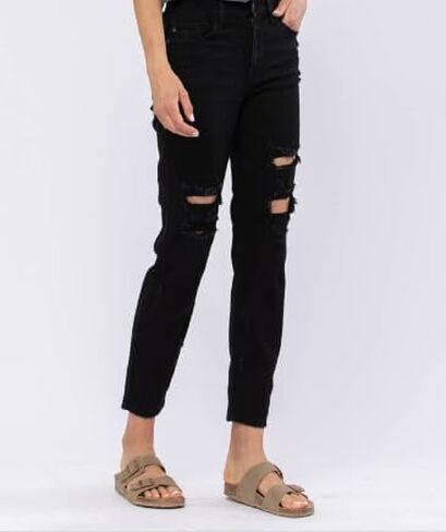 Judy Blue Women's High Waist Destroyed Boyfriend Jeans - Stretchy & Comfortable Black Denim 82161- in Saudi Arabia