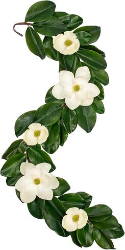Magnolia Garland 5ft - Touch Touch Real Flowers & Greenery Vine لقوس الزفاف ، رف ، طاولة ، ديكور داخلي - Faux Magnolia Leaf Garland (الزهور البيضاء) in Kuwait