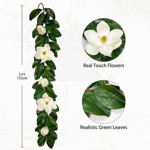 Magnolia Garland 5ft - Touch Touch Real Flowers & Greenery Vine لقوس الزفاف ، رف ، طاولة ، ديكور داخلي - Faux Magnolia Leaf Garland (الزهور البيضاء) in Kuwait