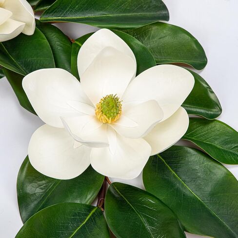 Magnolia Garland 5ft - Touch Touch Real Flowers & Greenery Vine لقوس الزفاف ، رف ، طاولة ، ديكور داخلي - Faux Magnolia Leaf Garland (الزهور البيضاء) in Kuwait