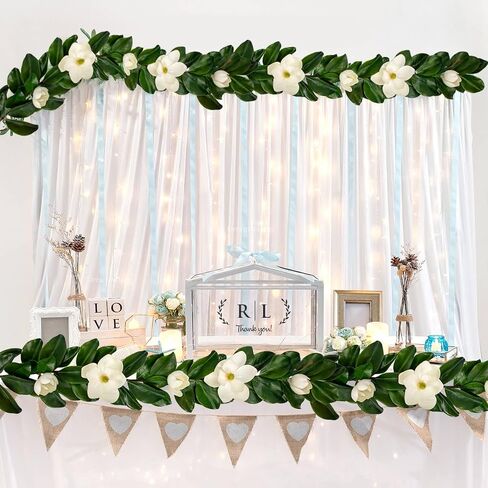 Magnolia Garland 5ft - Touch Touch Real Flowers & Greenery Vine لقوس الزفاف ، رف ، طاولة ، ديكور داخلي - Faux Magnolia Leaf Garland (الزهور البيضاء) in Kuwait
