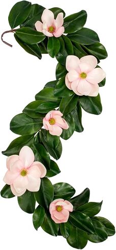 Magnolia Garland 5ft - Touch Touch Real Flowers & Greenery Vine لقوس الزفاف ، رف ، طاولة ، ديكور داخلي - Faux Magnolia Leaf Garland (الزهور البيضاء) in Kuwait