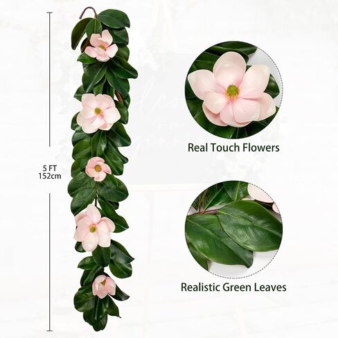 Magnolia Garland 5ft - Touch Touch Real Flowers & Greenery Vine لقوس الزفاف ، رف ، طاولة ، ديكور داخلي - Faux Magnolia Leaf Garland (الزهور البيضاء) in Kuwait