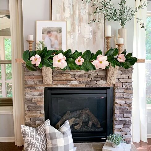 Magnolia Garland 5ft - Touch Touch Real Flowers & Greenery Vine لقوس الزفاف ، رف ، طاولة ، ديكور داخلي - Faux Magnolia Leaf Garland (الزهور البيضاء) in Kuwait