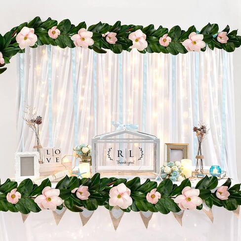 Magnolia Garland 5ft - Touch Touch Real Flowers & Greenery Vine لقوس الزفاف ، رف ، طاولة ، ديكور داخلي - Faux Magnolia Leaf Garland (الزهور البيضاء) in Kuwait