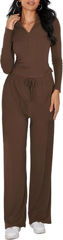 iGENJUN Women's 2 Piece Sets Fall Winter Long Sleeve Lapel Half Zip Shirts Wide Leg Pants Lounge Tracksuit Matching in Kuwait