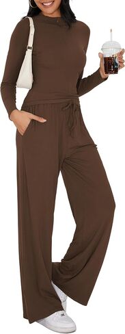 iGENJUN Women's 2 Piece Sets Fall Winter Long Sleeve Lapel Half Zip Shirts Wide Leg Pants Lounge Tracksuit Matching in Kuwait