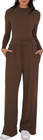 iGENJUN Women's 2 Piece Sets Fall Winter Long Sleeve Lapel Half Zip Shirts Wide Leg Pants Lounge Tracksuit Matching in Kuwait