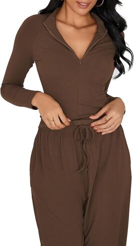 iGENJUN Women's 2 Piece Sets Fall Winter Long Sleeve Lapel Half Zip Shirts Wide Leg Pants Lounge Tracksuit Matching in Kuwait