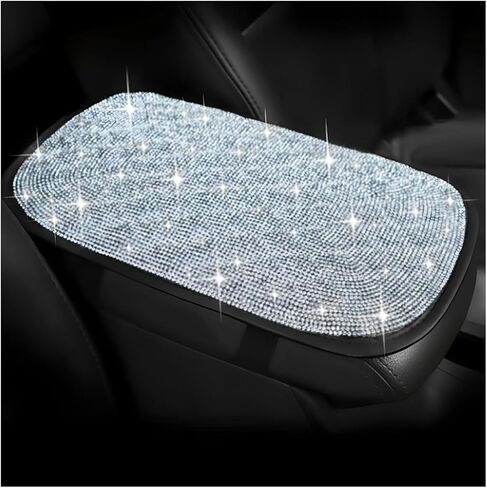 Bling Car Center Console Cover, Crystal Rhinestone Leather Vehicle Armrest Box Protector Cushion Pad for Women Girls, Soft Comfortable Auto Arm Rest Mat, Universal for SUV RV Truck (White) in Kuwait