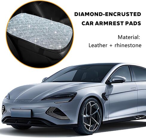 Bling Car Center Console Cover, Crystal Rhinestone Leather Vehicle Armrest Box Protector Cushion Pad for Women Girls, Soft Comfortable Auto Arm Rest Mat, Universal for SUV RV Truck (White) in Kuwait