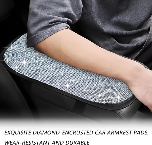 Bling Car Center Console Cover, Crystal Rhinestone Leather Vehicle Armrest Box Protector Cushion Pad for Women Girls, Soft Comfortable Auto Arm Rest Mat, Universal for SUV RV Truck (White) in Kuwait