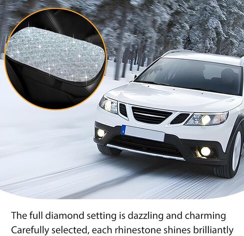 Bling Car Center Console Cover, Crystal Rhinestone Leather Vehicle Armrest Box Protector Cushion Pad for Women Girls, Soft Comfortable Auto Arm Rest Mat, Universal for SUV RV Truck (White) in Kuwait