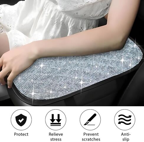 Bling Car Center Console Cover, Crystal Rhinestone Leather Vehicle Armrest Box Protector Cushion Pad for Women Girls, Soft Comfortable Auto Arm Rest Mat, Universal for SUV RV Truck (White) in Kuwait