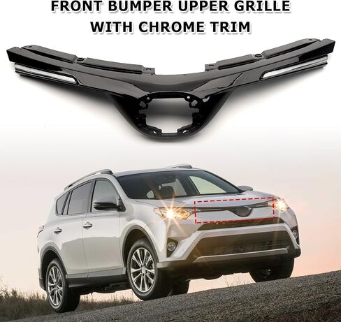 Bewild Front Bumper Upper Hood Grille Fit for 2016 2017 2018 Toyota RAV4 Glossy Black With Chrome Trim Grill Assembly Replacement For TO1200406 531010R120 (With Chrome Trim) in Saudi Arabia
