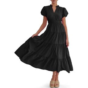 Wenrine Womens Summer Midi Dress Puff Short Sleeve V الرقبة المتسوية شاطئ A-LINE in Saudi Arabia