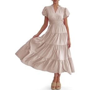 Wenrine Womens Summer Midi Dress Puff Short Sleeve V Neck Flowy Tiered Beach A-Line Dresses in Kuwait