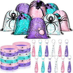 Lothee 32 Pieces Spider Web Birthday Party Decoration Set Spider Web Drawstring Bags Funny Travel Sack Backpack Rubber Bracelets Wristlet Keychain for Birthday Party Supplies Favors (Fresh Style) in Kuwait