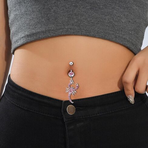 14G Scorpion Dangle Belly Button Rings Stainless Steel White Pink Rhinestone Belly Navel Rings 10mm Belly Curved Barbell Dainty Body Piercing Jewelry in Saudi Arabia