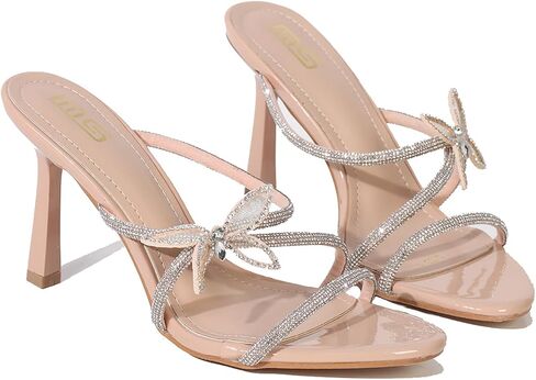 Women's Rhinestones Strappy Stilettos Sandals Fashion Butterfly Comfortable Open Pointed Toe Slip On High Heels Mules Slides for Party Wedding Date Dress Shoes in Saudi Arabia