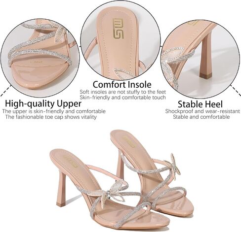 Women's Rhinestones Strappy Stilettos Sandals Fashion Butterfly Comfortable Open Pointed Toe Slip On High Heels Mules Slides for Party Wedding Date Dress Shoes in Saudi Arabia
