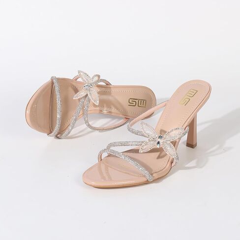 Women's Rhinestones Strappy Stilettos Sandals Fashion Butterfly Comfortable Open Pointed Toe Slip On High Heels Mules Slides for Party Wedding Date Dress Shoes in Saudi Arabia