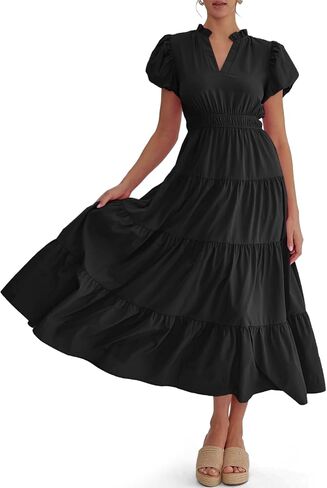 Wenrine Womens Summer Midi Dress Puff Short Sleeve V الرقبة المتسوية شاطئ A-LINE in Saudi Arabia