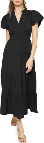 Wenrine Womens Summer Midi Dress Puff Short Sleeve V الرقبة المتسوية شاطئ A-LINE in Saudi Arabia