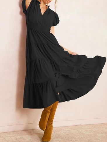 Wenrine Womens Summer Midi Dress Puff Short Sleeve V الرقبة المتسوية شاطئ A-LINE in Saudi Arabia