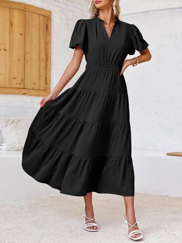 Wenrine Womens Summer Midi Dress Puff Short Sleeve V الرقبة المتسوية شاطئ A-LINE in Saudi Arabia