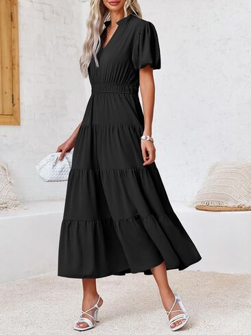 Wenrine Womens Summer Midi Dress Puff Short Sleeve V الرقبة المتسوية شاطئ A-LINE in Saudi Arabia